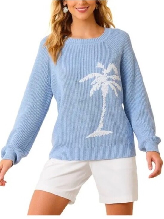 Tommy Bahama Sweaters - Tommy Bahama Blue Medium Breezy Palm Crew Pullover Square Neck Summer Palm Tree